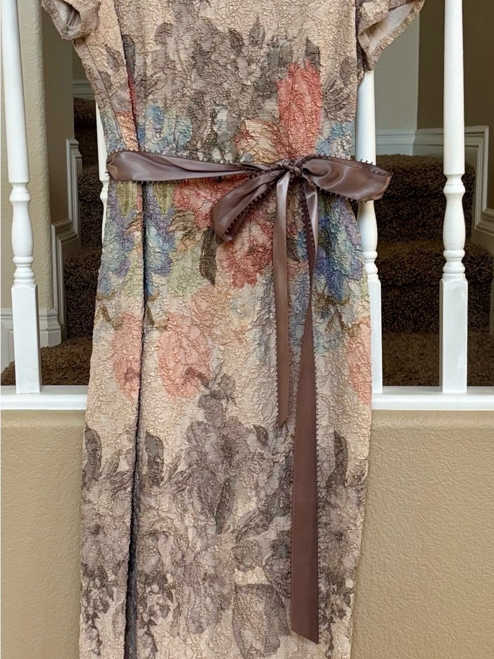 Adrianna Papell Beige Floral Maxi Dress with Brown Sash Belt